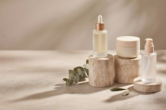 Luxury Skincare Product Display with Natural Cosmetics Bottles and Minimal Beige Background