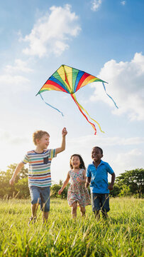 Three diverse children, Black, Asian, and Caucasian kids, running through a green field flying a colorful kite. Happy summer activity, friendship and freedom outdoors.