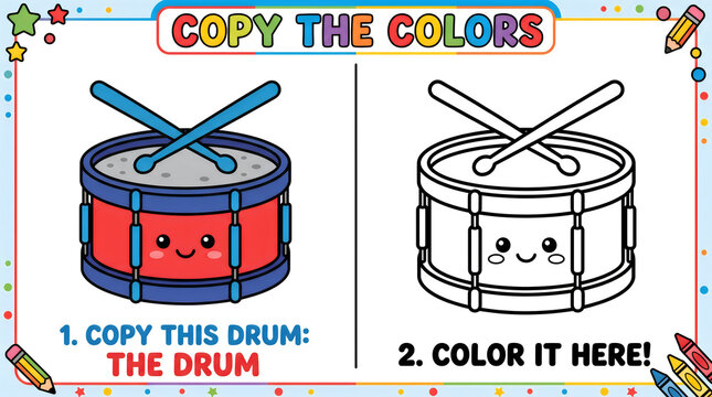 Copy the colors coloring page for toddlers featuring a cute cartoon drum instrument