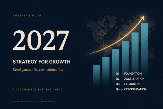 2027 Business Plan Strategy Growth Concept with Rising Bar Chart and Financial Forecast Presentation