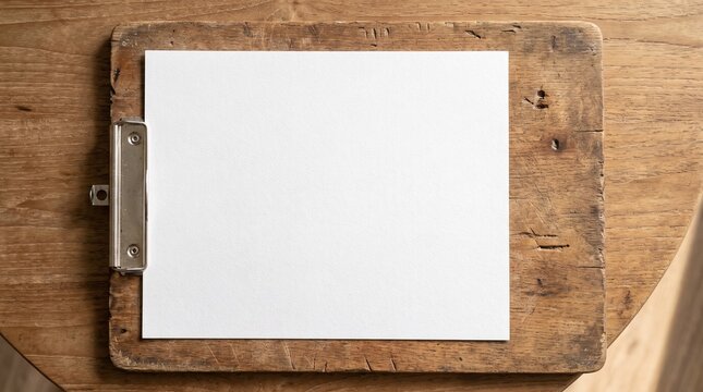 Blank Paper on Vintage Clipboard on Wooden Table.