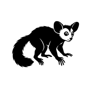 Black and white of a galago or bushbaby, a small nocturnal primate with large eyes and ears, isolated on white
