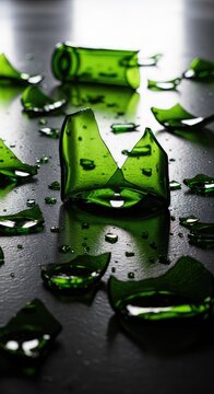 Scattered shards of broken green glass bottles rest on a dark floor, capturing light glinting off sharp edges in a messy, chaotic scene, smashed, disposal, shiny