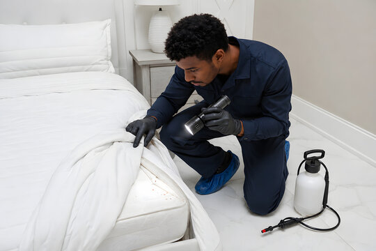 Professional Bed Bug Control Pest Control Technician Inspecting Mattress for Bed Bug Infestation Using Flashlight During Residential Bed Bug Inspection and Extermination Service Treatment