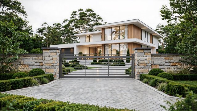 Modern luxury house with elegant architecture, landscaped garden, driveway and secure entrance