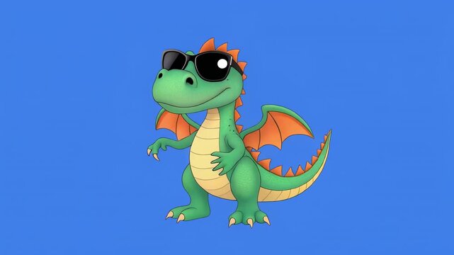 Cute cartoon dragon with sunglasses dancing against a blue background with cinematic motion