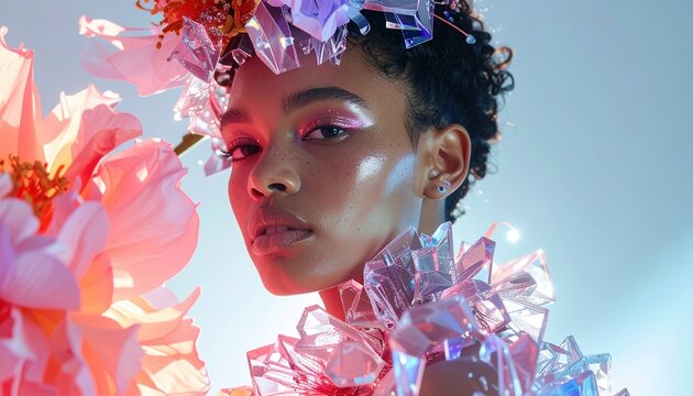 A futuristic fashion model wearing floral crystal clothing, high fashion concept