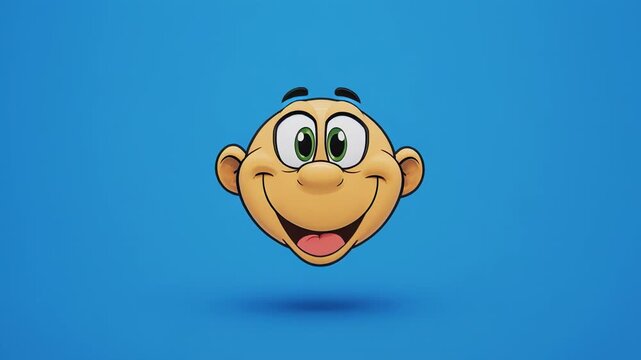 Happy cartoon face animation with subtle head tilt and eye movement against a blue backdrop for cheerful messaging