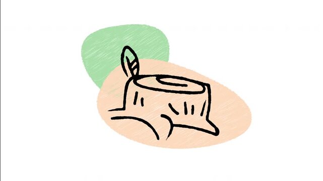 An animated hand-drawn wooden tree stump with a small green leaf sprout growing out. Perfect for forest renewal, nature regrowth, and ecological healing.