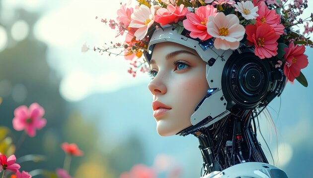 Futuristic robot girl wearing floral helmet, flowers mixed with technology, sci-fi fashion concept,