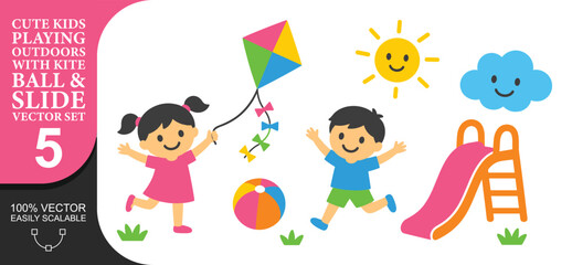 Fototapeta premium Cute kids playing outdoors with kite ball and slide includes happy children enjoying active recreation perfect for playground banners and family theme designs.