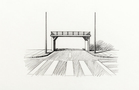 Sketch of a road passing under a pedestrian overpass bridge with