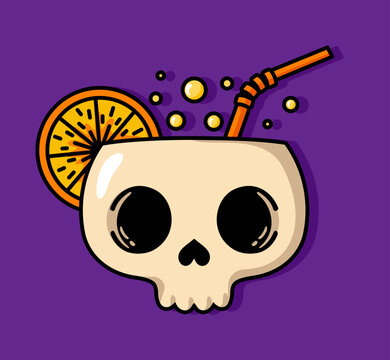 Colorful calavera cocktail with orange garnish and straw. Mexican artwork inspired by festive remembrance traditions.