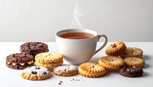 Cup of hot tea with assorted butter cookies arranged on white background, cozy afternoon tea concept