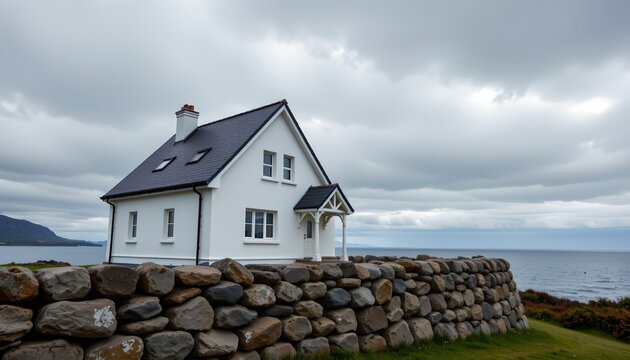 A white, two story house with a dark, steeply pitched roof is situated near the coastline. The house features multiple windows and a small covered porch at the entrance