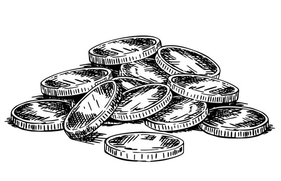 Stack of illustrated coins representing money, savings, wealth and financial growth. Black and white editorial artwork isolated on white