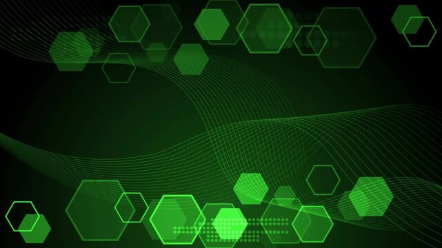 Abstract dark background with glowing turquoise hexagons and flowing wavy lines animation