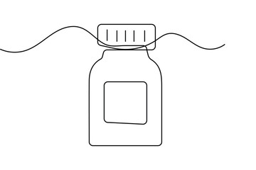 Obraz premium Pill jar line art depicting a medicine container with blank label in single line drawing vector with editable stroke.