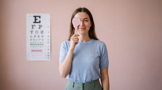 Smiling woman covering one eye with a paddle occluder during an eye exam near a Snellen chart at an optometry clinic. Concept of vision test, eye care, ophthalmology checkup.