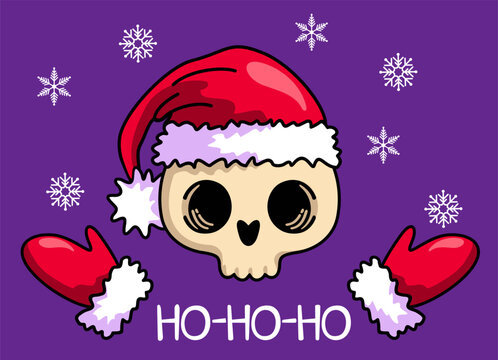 illustration of a cute skull wearing a Santa hat, surrounded by  snowflakes with playful Ho-Ho-Ho lettering on a purple background. perfect for holiday designs, featuring a funny and cute character wi