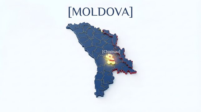 3d map of moldova country showing regions and the capital city chisinau with a bright marker