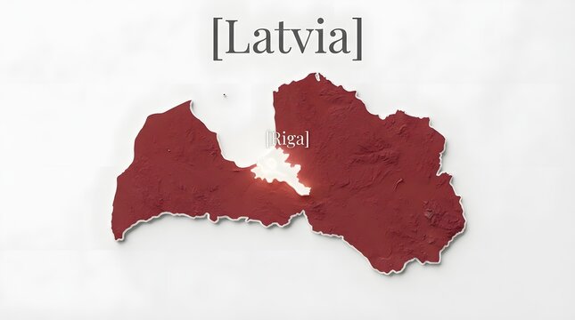 Red map of latvia with the capital city riga labeled on a clean simple design