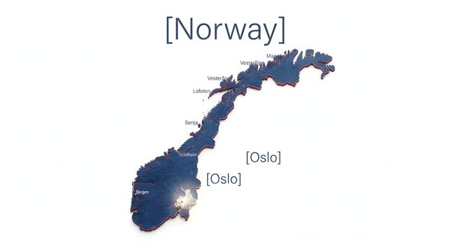3d topographic map of norway with major cities and regions labeled on a simple bright surface