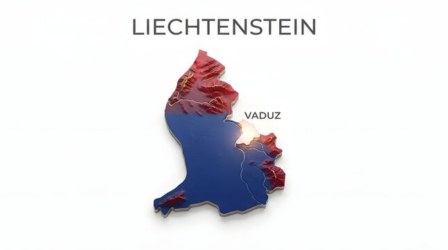 3d map of liechtenstein with vaduz capital city marker and national flag colors on the surface