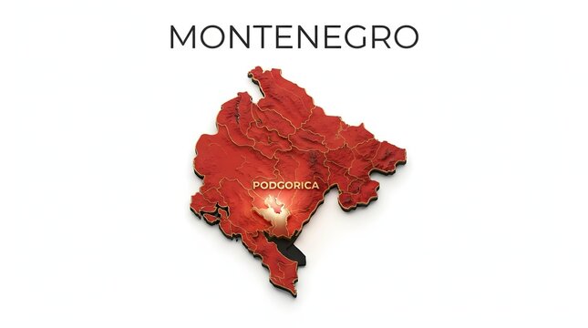 3d red map of montenegro with podgorica capital city location highlighted for travel and geography
