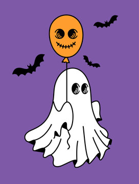 Halloween. Cute ghost and balloon surrounded by flying bats on a purple background, representing spooky holiday folklore and festive seasonal entertainment.