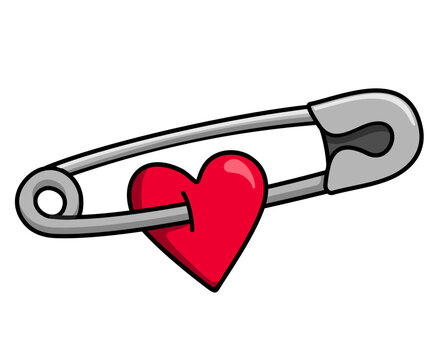 Safety pin with heart, sketch illustration, black outline. Minimalist hearts and pin design. Safety pin with hearts illustration on a white background. Print design, tattoo flash