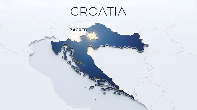 3d map of croatia with zagreb capital city location highlighted in a modern design style