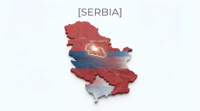 3d map of serbia with highlighted capital city belgrade and national flag design on surface