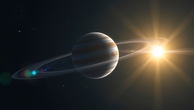 The image depicts a planet with prominent rings orbiting in space, positioned near the light source that resembles a star or sun