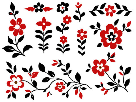 illustration featuring red and black floral motifs, leafy branches and botanical ornaments arranged as isolated decorative elements on a white background. Floral elements set