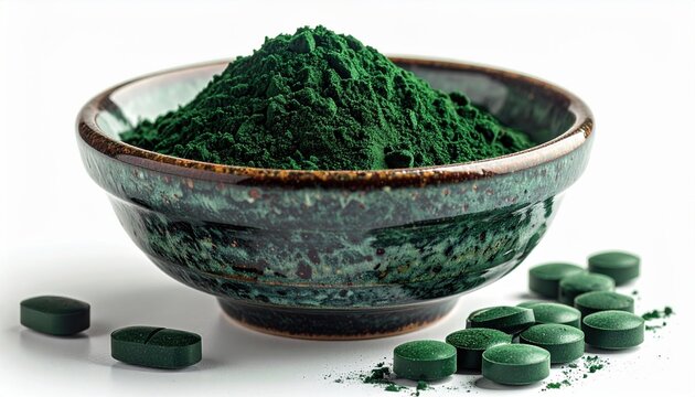 Spirulina algae powder in ceramic bowl with green tablets, isolated on white background, healthy superfood concept