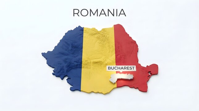 3d map of romania with the national flag texture and a pin marker for the capital city bucharest