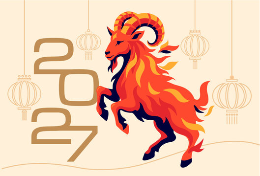 Illustration of a fiery goat for Chinese New Year, with lanterns and 2027 lettering. Symbolizes the Fire Goat zodiac year.