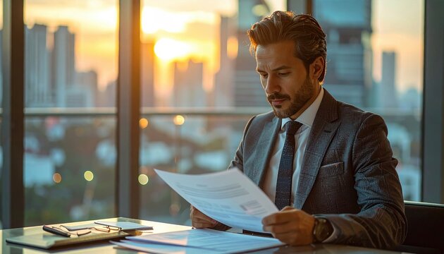 Business executive reviewing documents in premium office, corporate success atmosphere