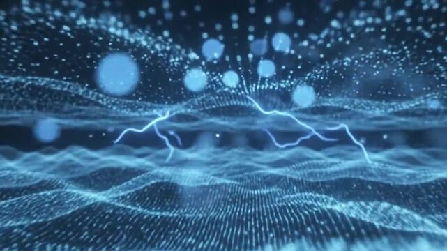 Abstract moving blue futuristic landscape of particles and dots of energetic magic with glow and blur effect, abstract background. Cinematic camera movement, high quality.