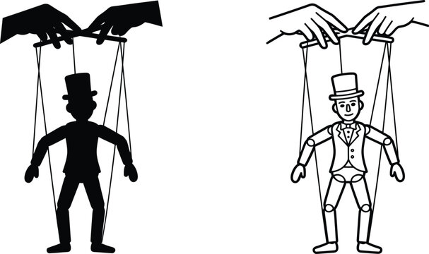 Puppet with controlling hands black and white line drawing illustration