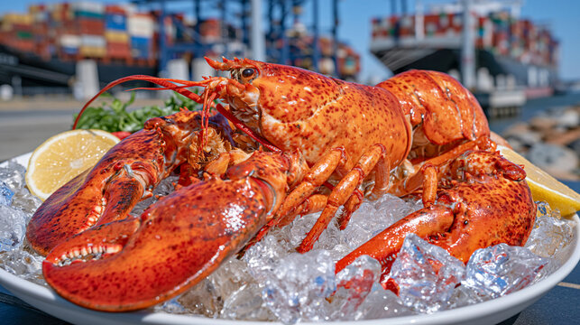 Fresh lobster placed on glistening ice cubes, cargo containers and a container ship visible behind it at a busy seaport, premium seafood export and global shipping concept, realistic commercial phot