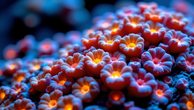 The image features a vibrant cluster of small, tubular coral polyps with a bright orange glow emanating from their centers