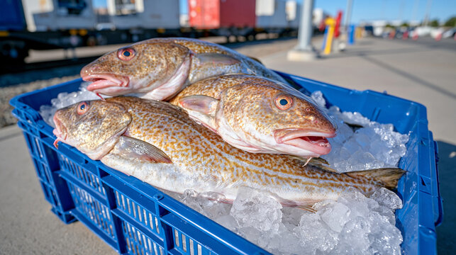Fresh whole cod arranged on clear ice cubes in a professional seafood crate, railway cargo terminal with refrigerated containers in the background, alternative seafood transportation and supply chai