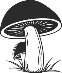 Vintage black and white mushroom illustration. Hand drawn fungus with gills and stem. Retro botanical vector art for nature designs. © MD FAHIM