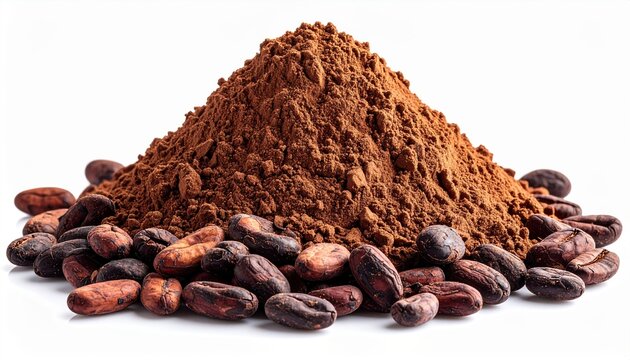 Cocoa powder with roasted cocoa beans isolated on white background, gourmet baking ingredient photography