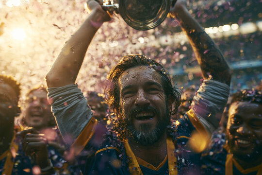 Rugby Player Celebrating Championship Victory Holding Trophy