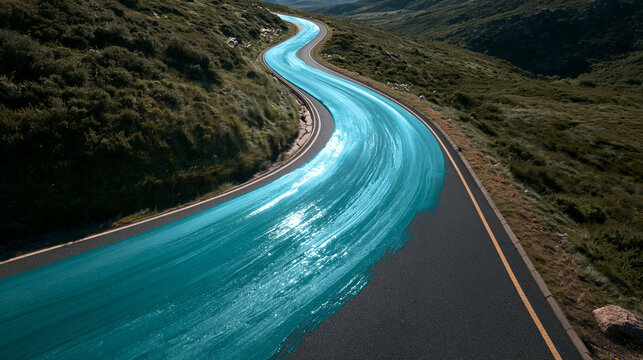 Winding Mountain Road Covered with Turquoise Flowing Paint