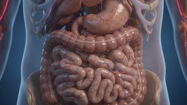 Tilting down over human abdominal anatomy revealing internal organs