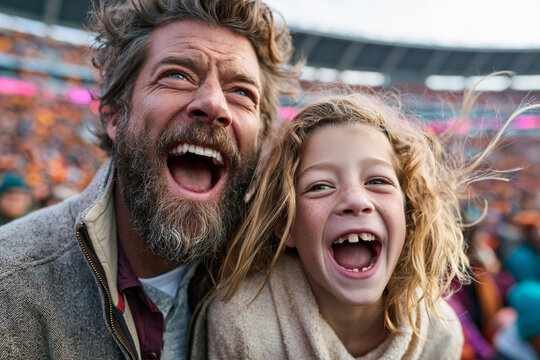Excited Father and Daughter Cheering at Stadium Match